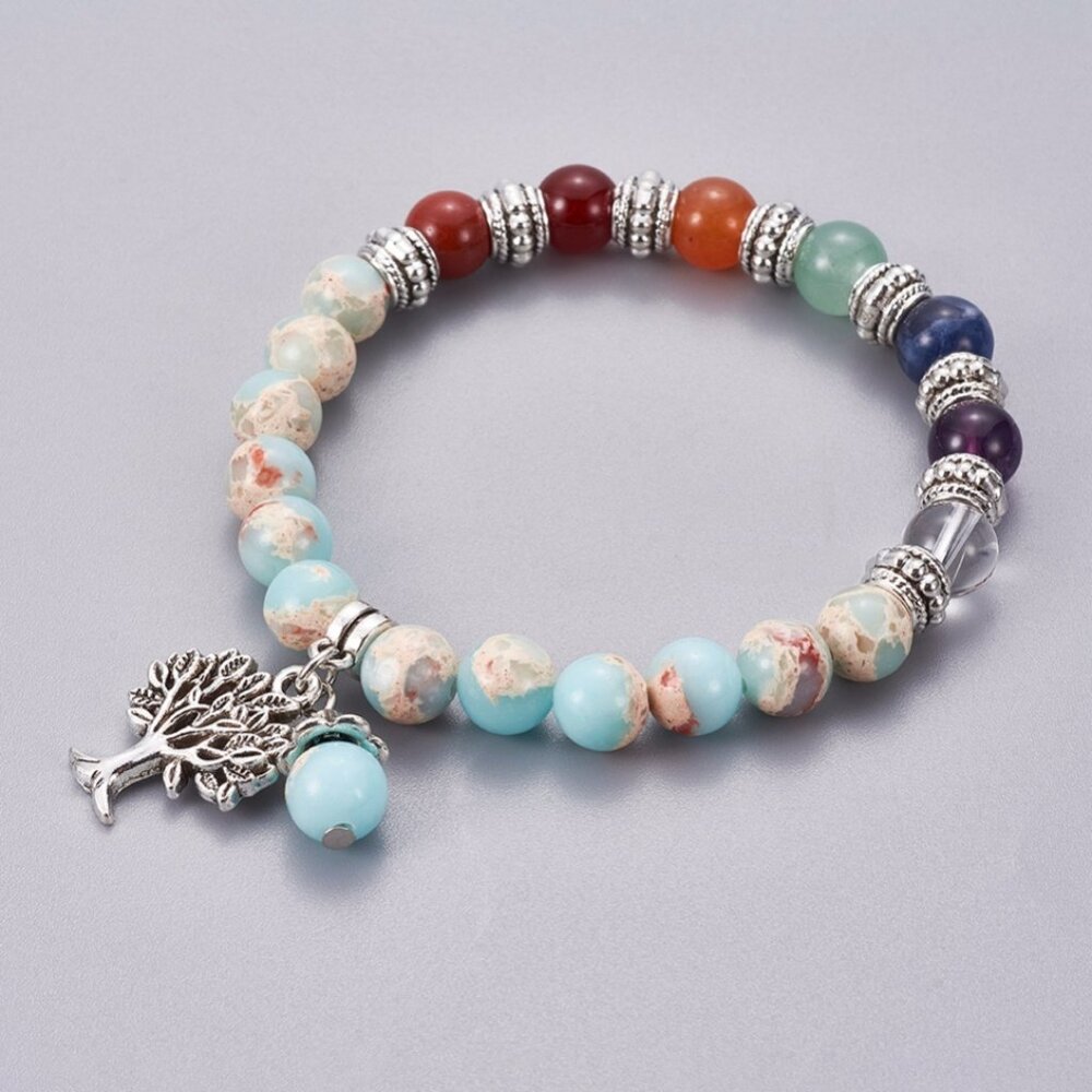 Gorgeous Gemstone Stretch Bracelet W Tree of Life Grounding charm